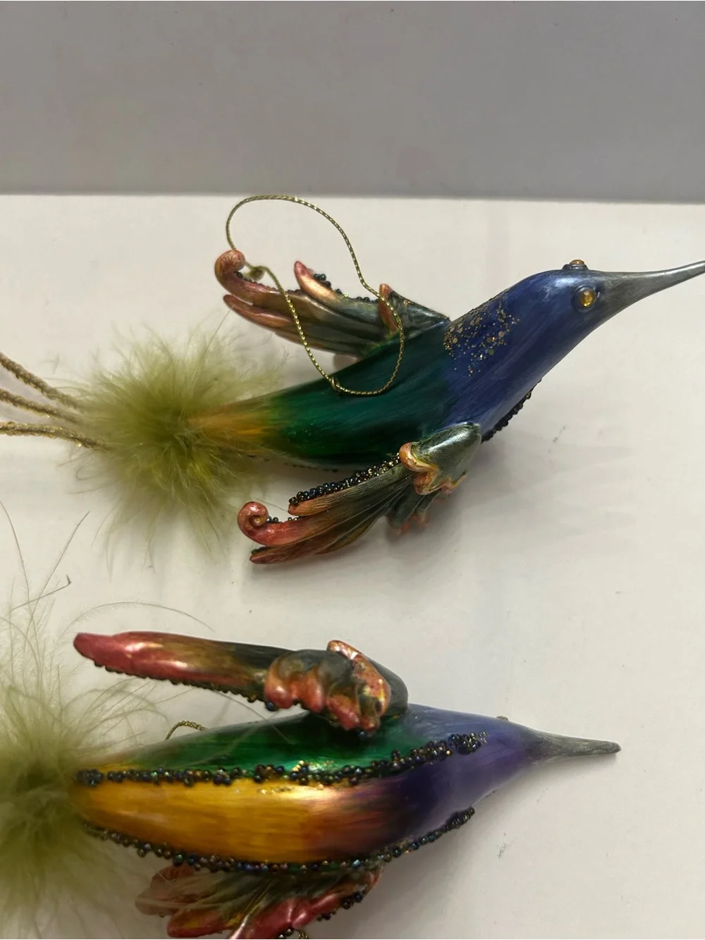 Iridescent Bird Ornaments Hummingbird with Feathered and Beaded Tails Vintage